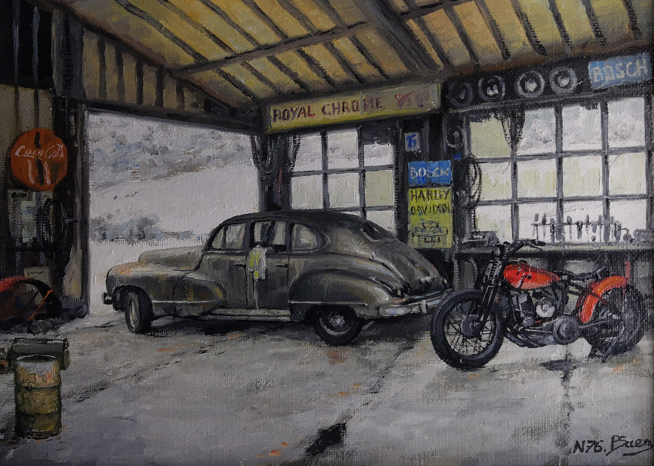 peinture à l'huile Harley Davidson ancienne et Chevrolet Aero 1948