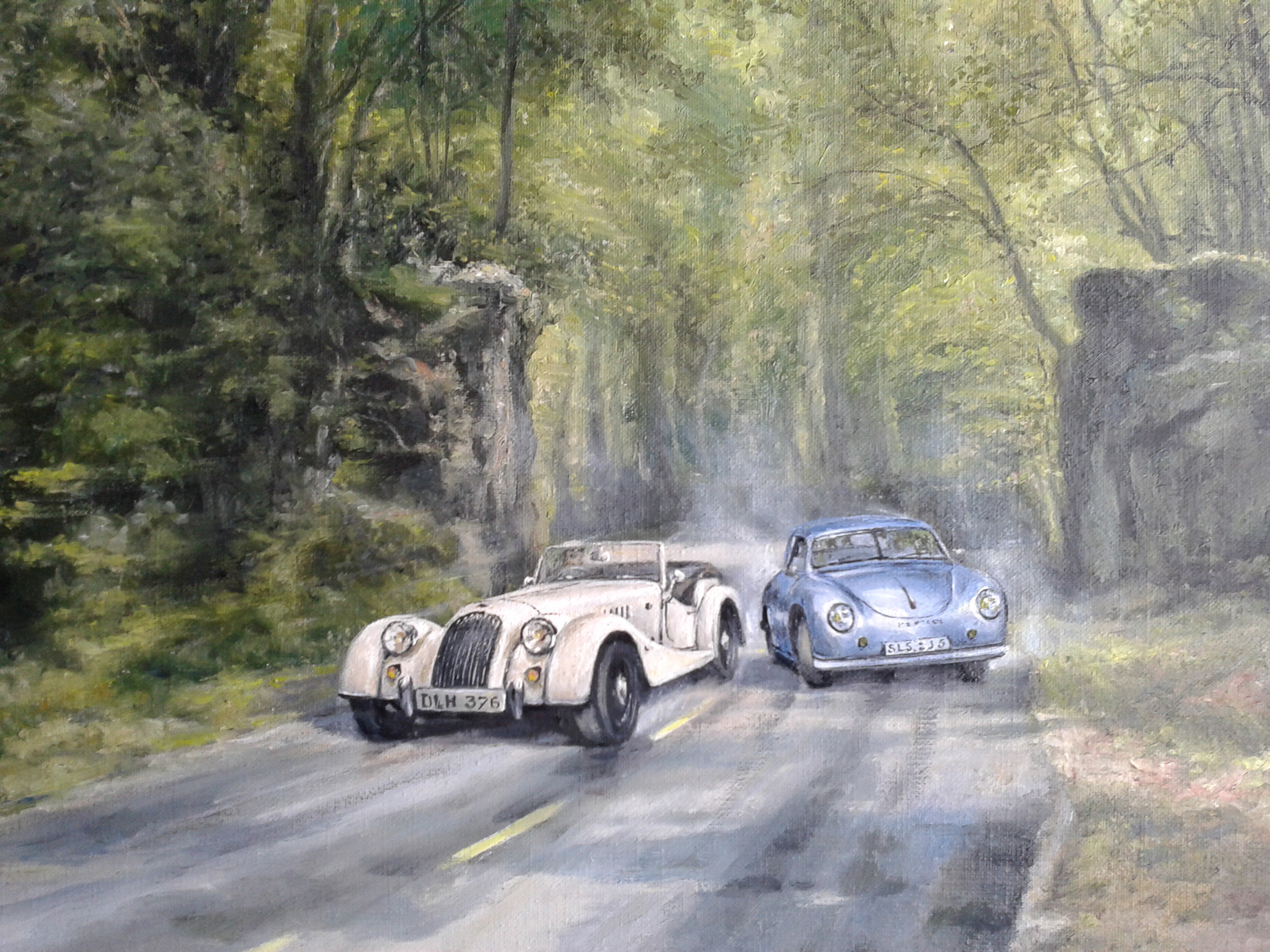 peinture à l'huile Morgan Roadster v6 et Porsche 356